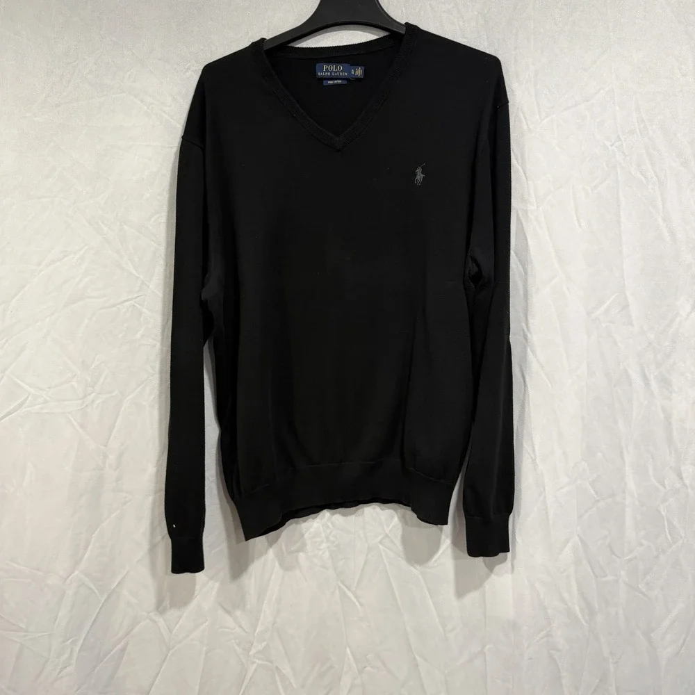 Polo Ralph Lauren Sweater Mens XL Black V Neck Cotton Knit Pullover